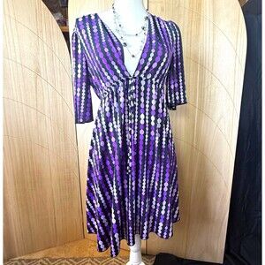 Vintage Y2K Lia Lee Purple Geo Dot Plunge Mini Dress‎ Empire Waist Whimsigoth M